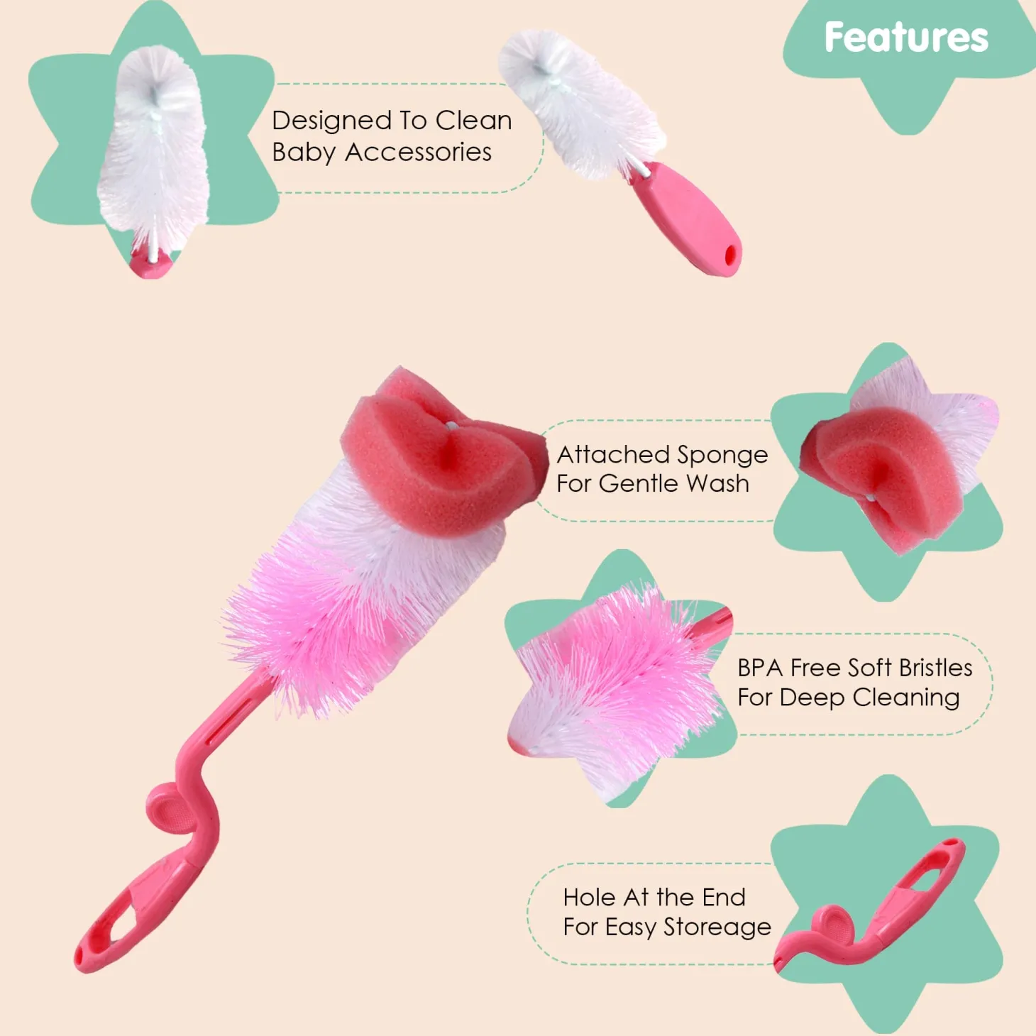 Twist And Turn Pink Bottle And Nipple Cleaning Brush Set of 2