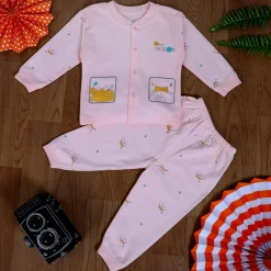 Two Friends Full Sleeves 2 Piece Buttoned Pyjama Set Night Suit - Pink