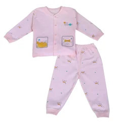 Two Friends Full Sleeves 2 Piece Buttoned Pyjama Set Night Suit - Pink