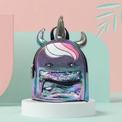 Unicorn Sequined Dual Tone Backpack Trendy Bag - Black