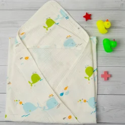 Whales Cotton Hooded Wrapper White