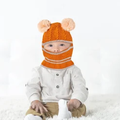 Winter Monkey Cap Woollen Hat Pom Pom Brown