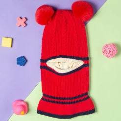 Winter Monkey Cap Woollen Hat Pom Pom Red