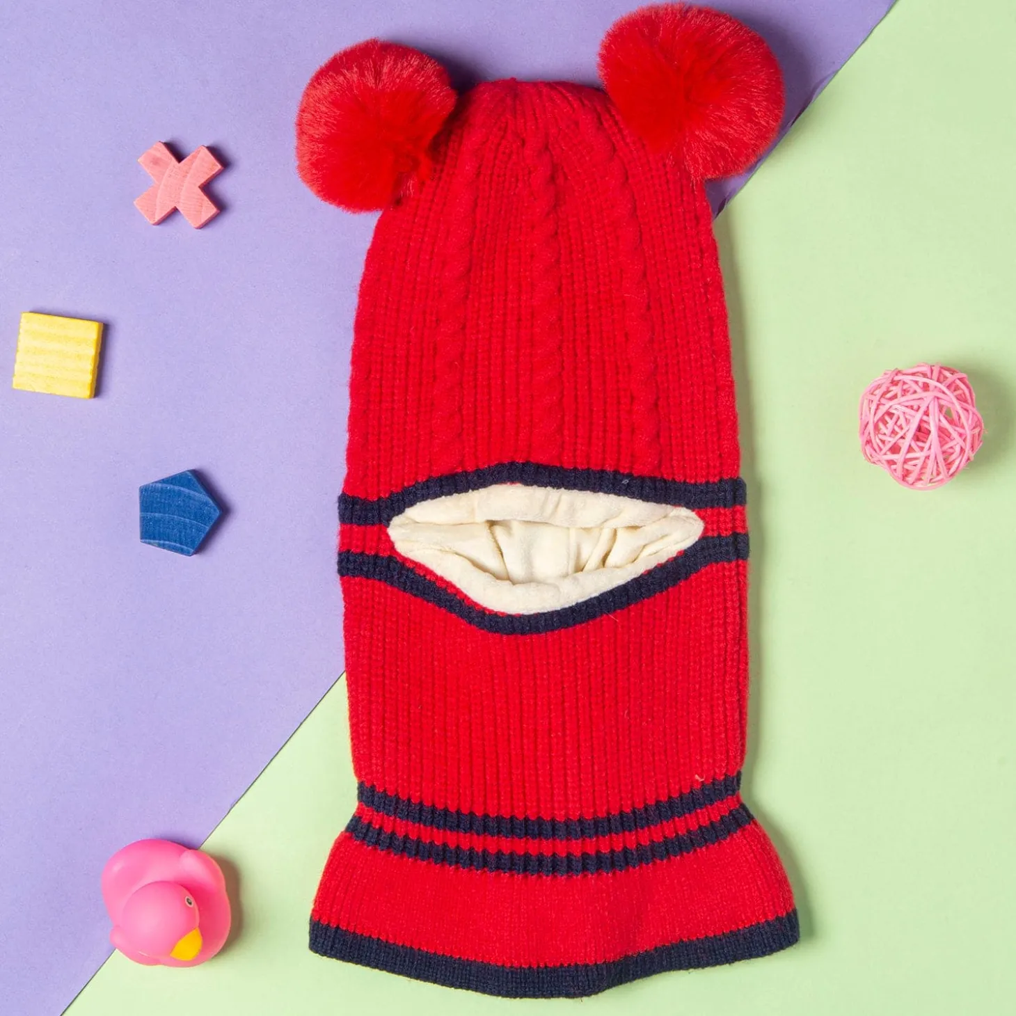 Winter Monkey Cap Woollen Hat Pom Pom Red