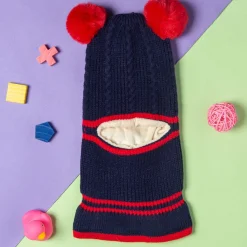 Winter Monkey Cap Woollen Hat Pom Pom Navy Blue