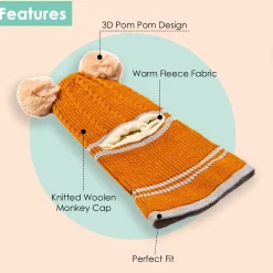 Winter Monkey Cap Woollen Hat Pom Pom Brown