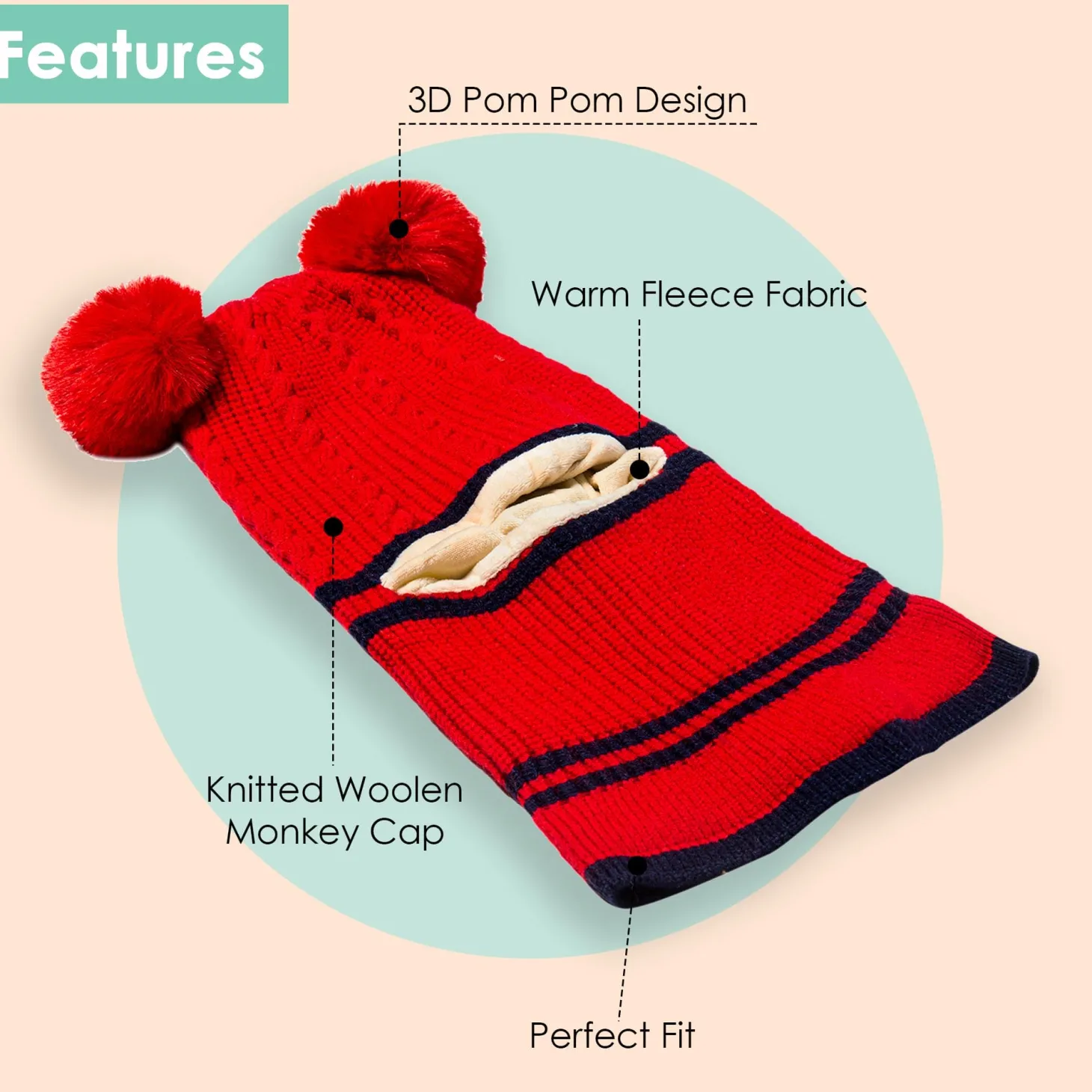 Winter Monkey Cap Woollen Hat Pom Pom Red