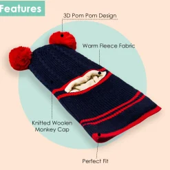 Winter Monkey Cap Woollen Hat Pom Pom Navy Blue