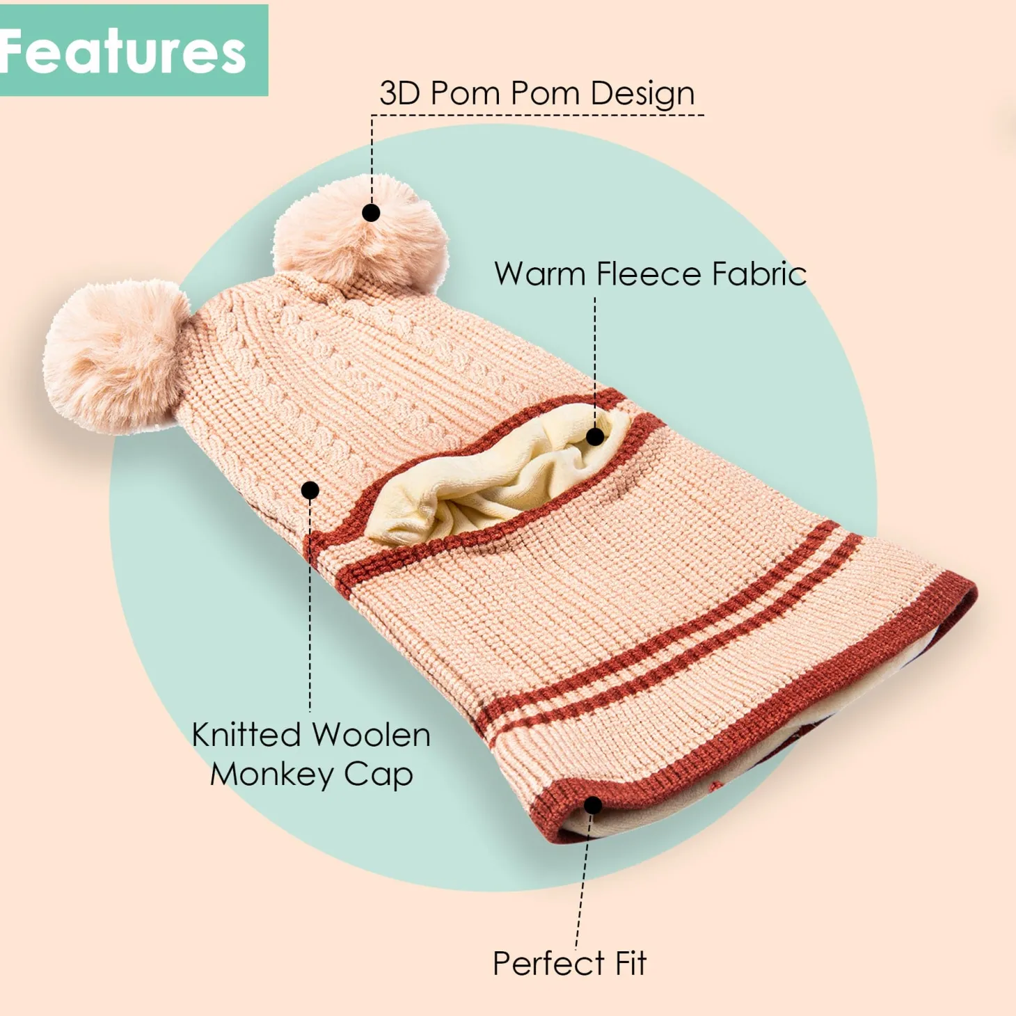 Winter Monkey Cap Woollen Hat Pom Pom Beige